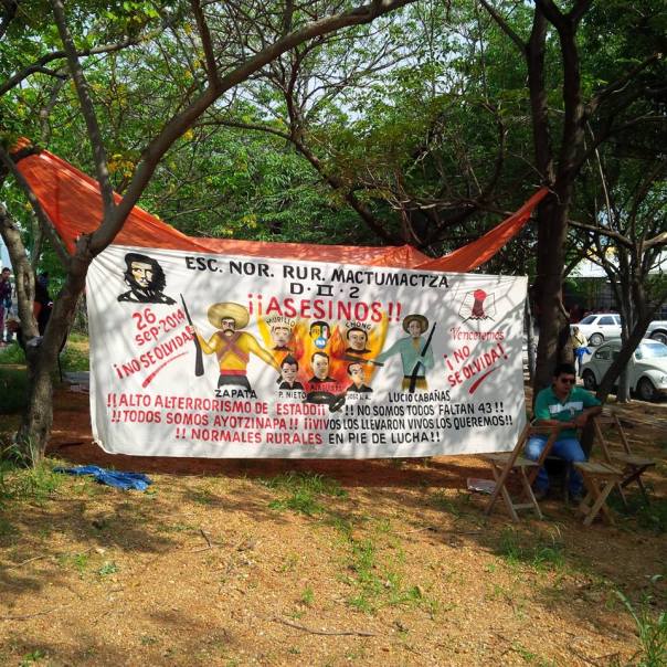 This banner in support of the 43 disappeared Ayotzinapa students was displayed by Mactumactza teachers college students in Chiapas.