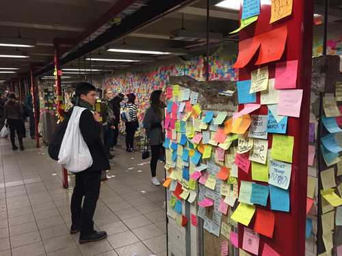 A wall with messages about the election of Trump as president of the United States in a hall of the Union Square Metro in New York. Photo: David Brooks